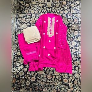 Pink soft raw silk 3 piece stitched suit